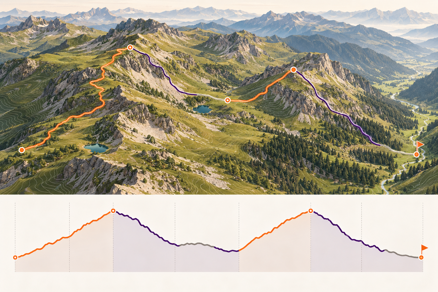 Ilustración de un recorrido de trail sobre relieve de montaña y su perfil de altura, con subidas naranjas y bajadas moradas.